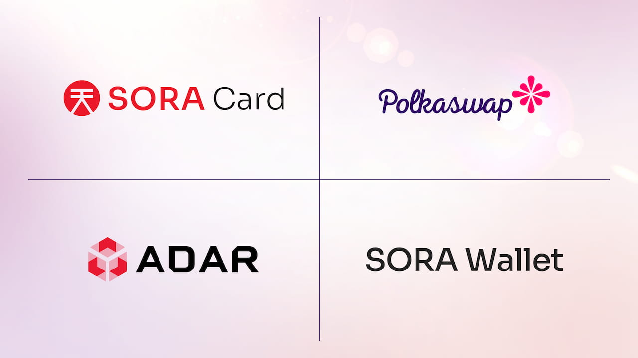 SORA Card, Polkaswap, ADAR and SORA Wallet logos